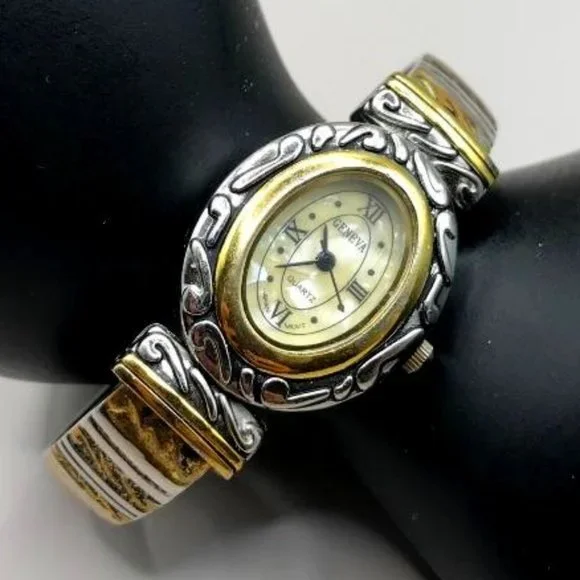 Geneva Silver & Gold-Tone Hinged Cuff Watch - Picture 1 of 7